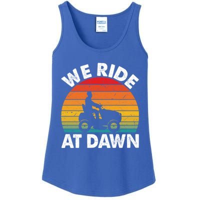 We Ride At Dawn Lawnmower Lawn Mowing Funny Dad Vintage Ladies Essential Tank