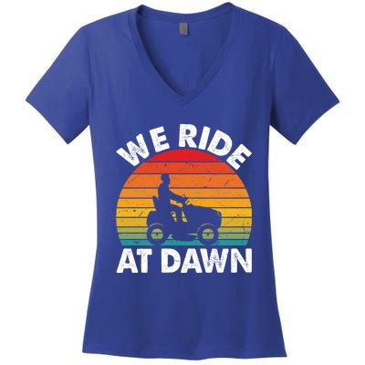 We Ride At Dawn Lawnmower Lawn Mowing Funny Dad Vintage Women's V-Neck T-Shirt