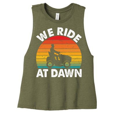 We Ride At Dawn Lawnmower Lawn Mowing Funny Dad Vintage Women's Racerback Cropped Tank