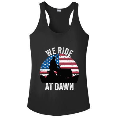 We Ride At Dawn Lawnmower Lawn Mowing Funny Dad Vintage Ladies PosiCharge Competitor Racerback Tank