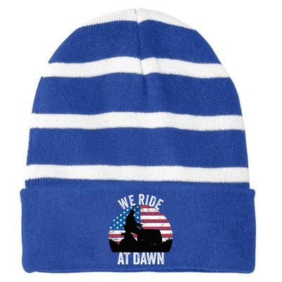 We Ride At Dawn Lawnmower Lawn Mowing Funny Dad Vintage Striped Beanie with Solid Band