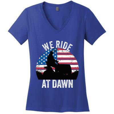 We Ride At Dawn Lawnmower Lawn Mowing Funny Dad Vintage Women's V-Neck T-Shirt