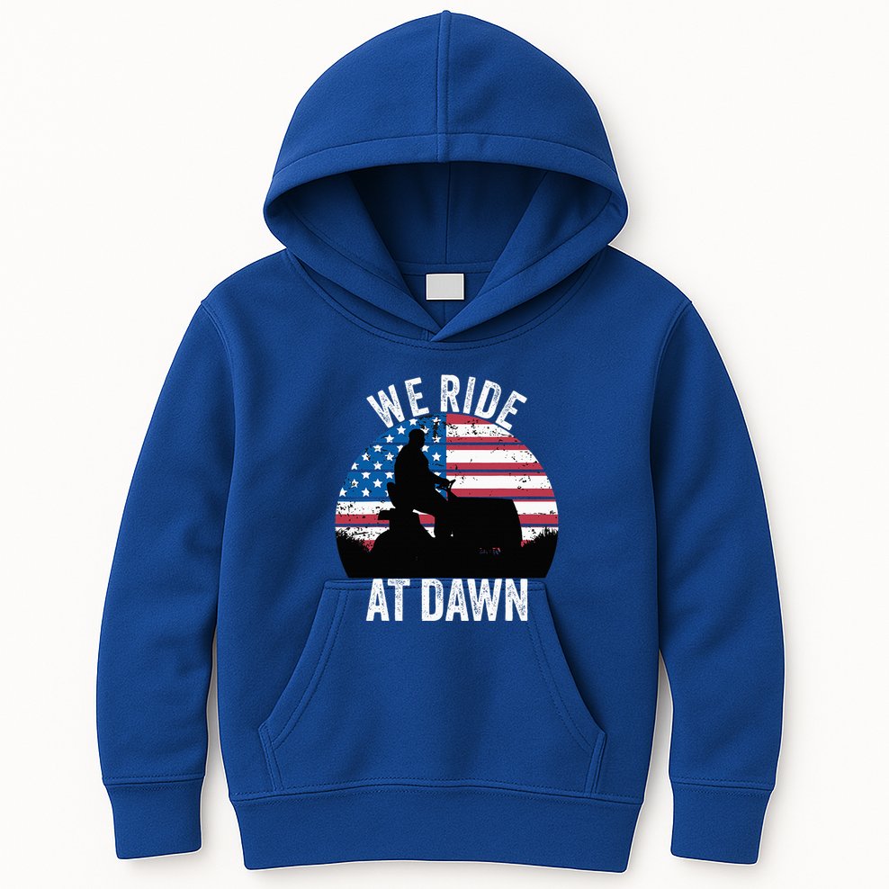 We Ride At Dawn Lawnmower Lawn Mowing Funny Dad Vintage Kids Hoodie