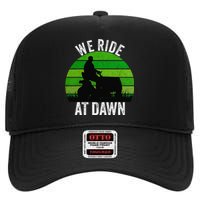 We Ride At Dawn Lawnmower Lawn Mowing Funny Dad Vintage High Crown Mesh Back Trucker Hat