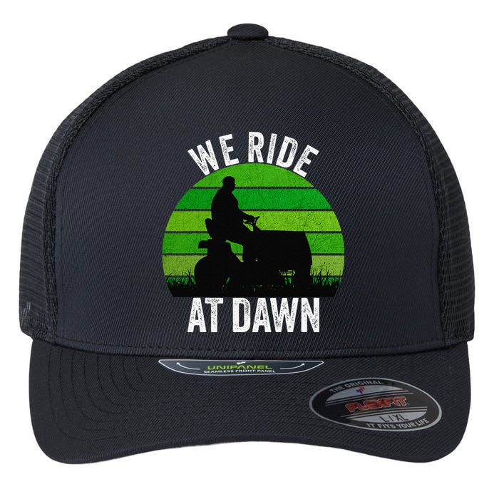 We Ride At Dawn Lawnmower Lawn Mowing Funny Dad Vintage Flexfit Unipanel Trucker Cap