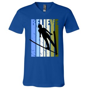 Wo Retro Alpine Ski Jumping Jumper Female Competition Gift V-Neck T-Shirt