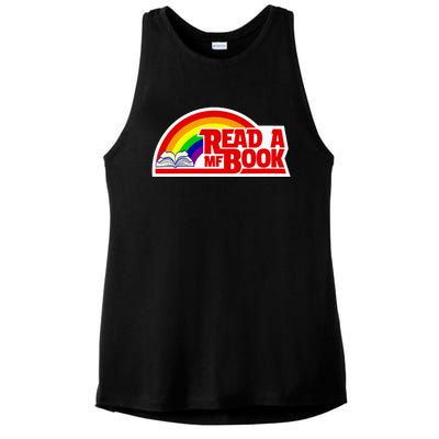 Wo Read a MF Book Reading Bookworm Funny Vintage Retro Rainbow V-Neck Ladies PosiCharge Tri-Blend Wicking Tank