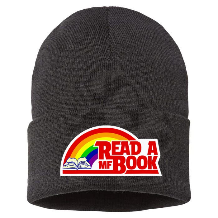 Wo Read a MF Book Reading Bookworm Funny Vintage Retro Rainbow V-Neck Sustainable Knit Beanie