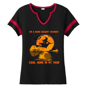 Witch Riding Brooms On A Dark Desert Highways Halloween Ladies Halftime Notch Neck Tee