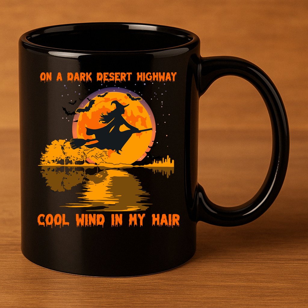 Witch Riding Brooms On A Dark Desert Highways Halloween 11oz C Handle Ceramic Mug