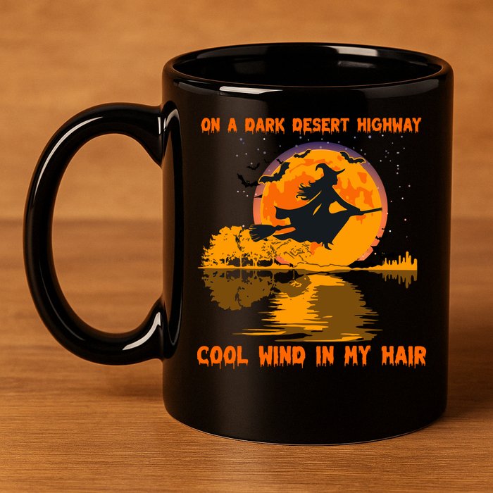 Witch Riding Brooms On A Dark Desert Highways Halloween 11oz C Handle Ceramic Mug