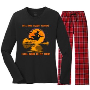 Witch Riding Brooms On A Dark Desert Highways Halloween Women's Long Sleeve Flannel Pajama Set 