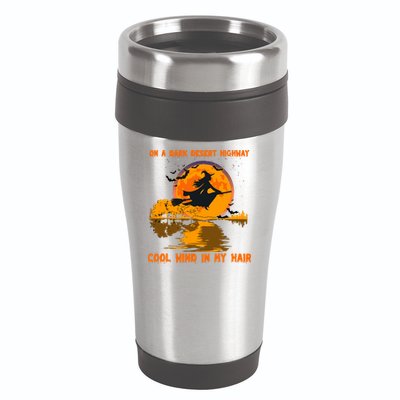 Witch Riding Brooms On A Dark Desert Highways Halloween 16oz Travel Tumbler