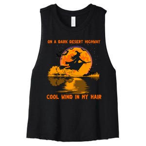 Witch Riding Brooms On A Dark Desert Highways Halloween Women's Racerback Cropped Tank