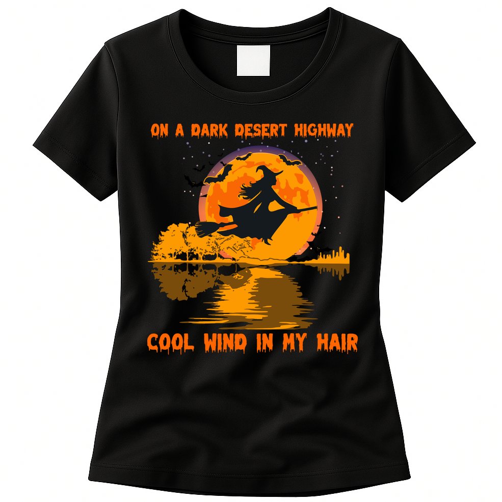 Witch Riding Brooms On A Dark Desert Highways Halloween Womens T-Shirt