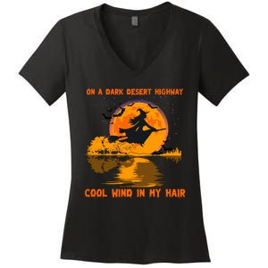 Witch Riding Brooms On A Dark Desert Highways Halloween Women's V-Neck T-Shirt