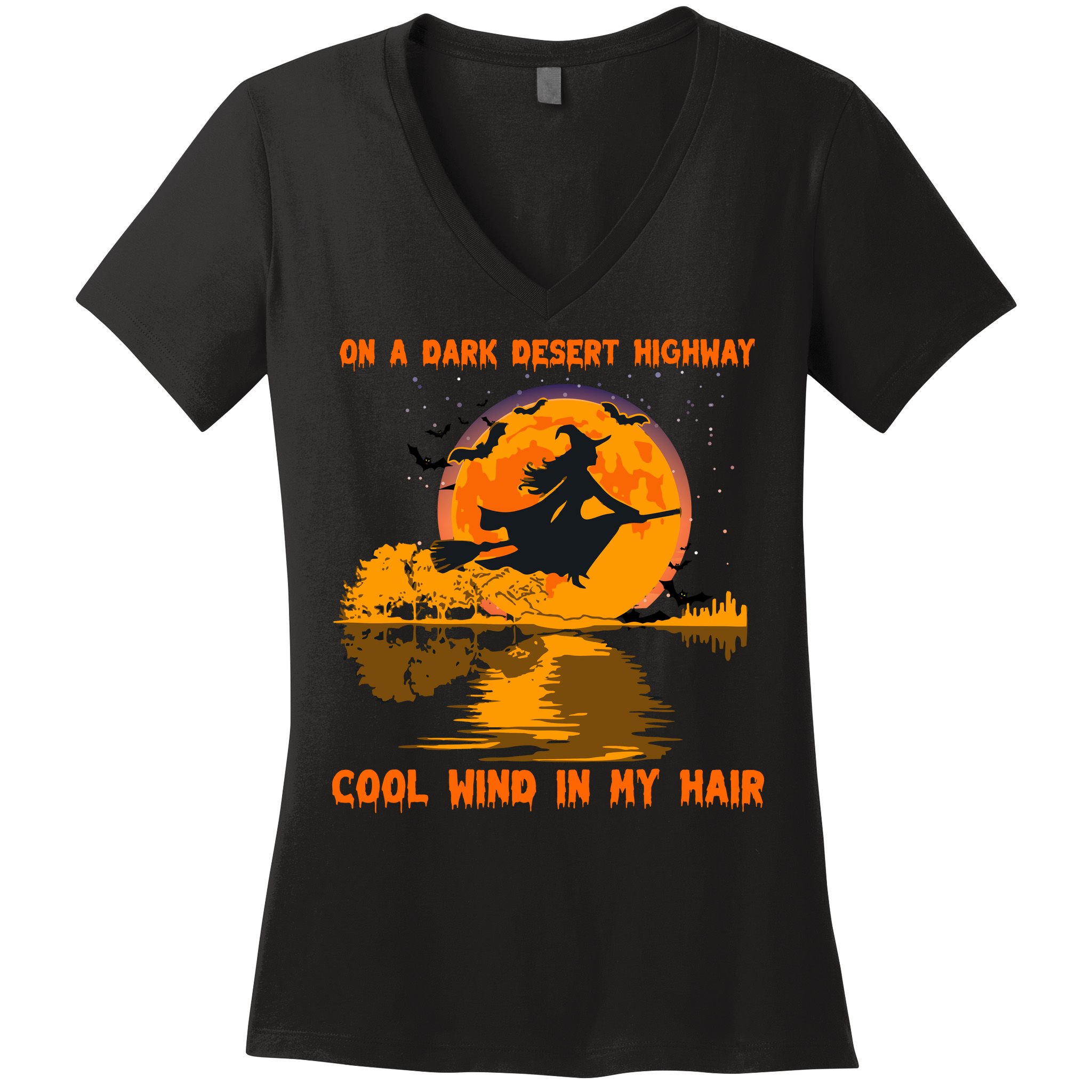 Witch Riding Brooms On A Dark Desert Highways Halloween Women's V-Neck T-Shirt