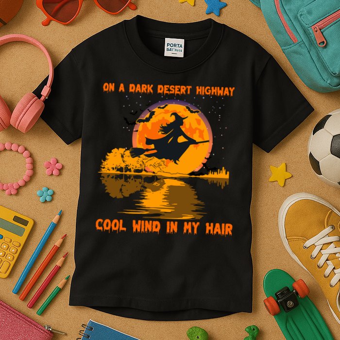 Witch Riding Brooms On A Dark Desert Highways Halloween Kids T-Shirt
