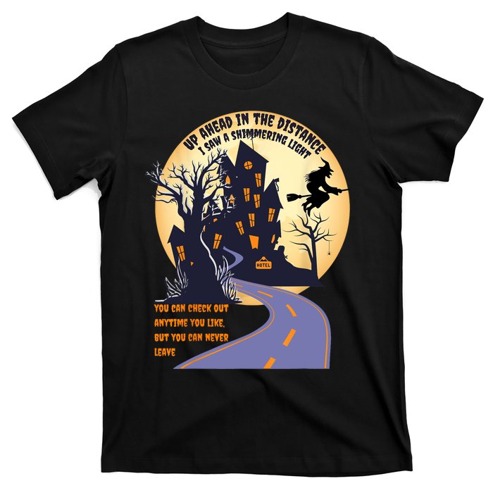 Witch Riding Broom On A Dark Desert Highway Halloween Moon T-Shirt