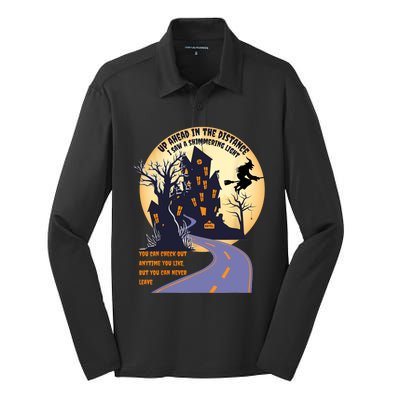 Witch Riding Broom On A Dark Desert Highway Halloween Moon Silk Touch Performance Long Sleeve Polo