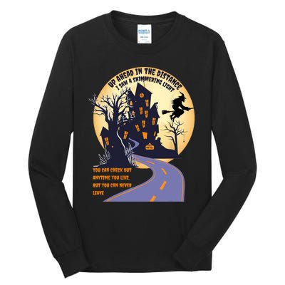 Witch Riding Broom On A Dark Desert Highway Halloween Moon Tall Long Sleeve T-Shirt