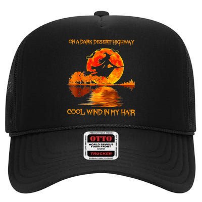 Witch Riding Brooms On A Dark Desert Highways Halloween High Crown Mesh Back Trucker Hat