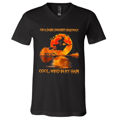 Witch Riding Brooms On A Dark Desert Highways Halloween V-Neck T-Shirt