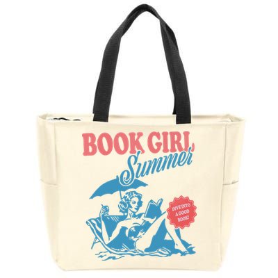 Women Retro Book Girl Summer Bookish Vacation Funny Reader Zip Tote Bag