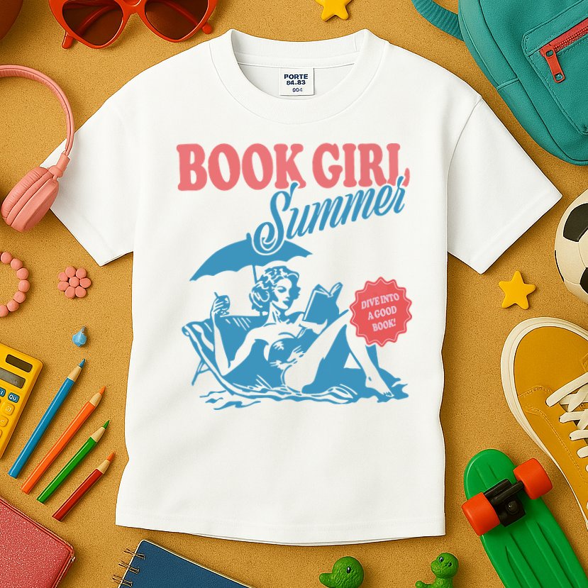 Women Retro Book Girl Summer Bookish Vacation Funny Reader Kids T-Shirt