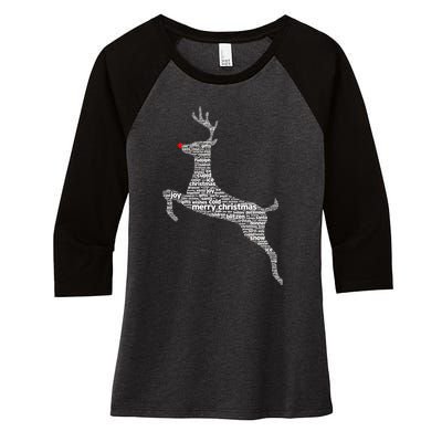 Wordy Reindeer Christmas Women's Tri-Blend 3/4-Sleeve Raglan Shirt