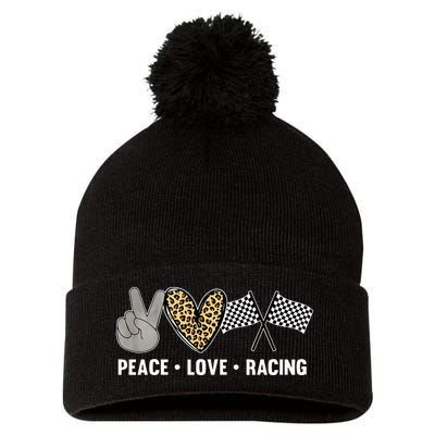 Womens Racing Design Kids Peace Love Racing Race Flag Pom Pom 12in Knit Beanie