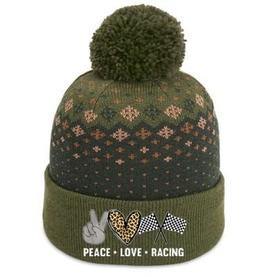 Womens Racing Design Kids Peace Love Racing Race Flag The Baniff Cuffed Pom Beanie