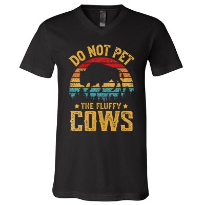 Womens Retro Do Not Pet The Fluffy Cows Vintage Bison Lover V-Neck T-Shirt