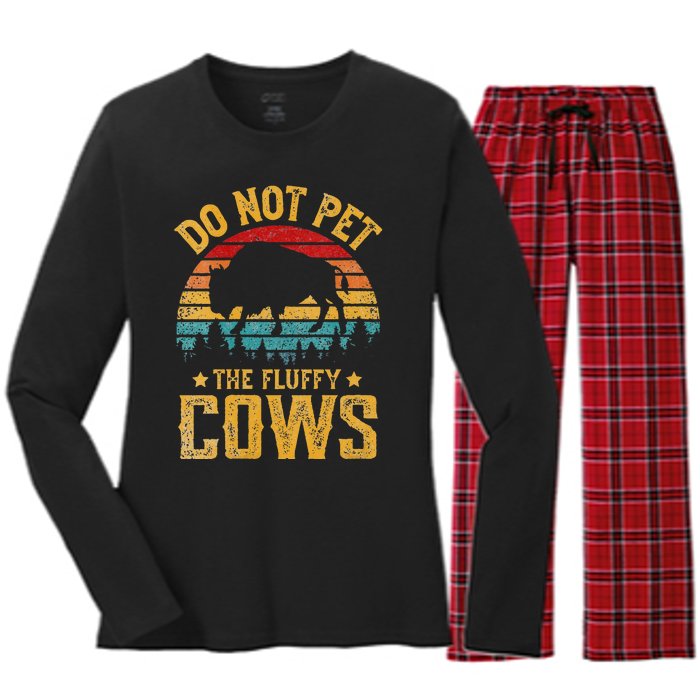 Womens Retro Do Not Pet The Fluffy Cows Vintage Bison Lover Women's Long Sleeve Flannel Pajama Set 