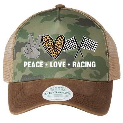 Wo's Racing Design Girls Peace Love Racing Race Flag Gift Legacy Tie Dye Trucker Hat