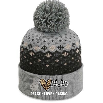 Wo's Racing Design Girls Peace Love Racing Race Flag Gift The Baniff Cuffed Pom Beanie