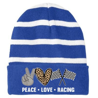 Wo's Racing Design Girls Peace Love Racing Race Flag Gift Striped Beanie with Solid Band