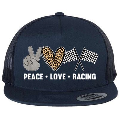 Wo's Racing Design Girls Peace Love Racing Race Flag Gift Flat Bill Trucker Hat