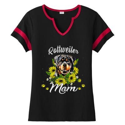 Womens Rottie Dog Mom Mother's Day Sunflower Rottweiler Mom Ladies Halftime Notch Neck Tee