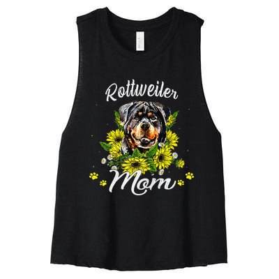 Womens Rottie Dog Mom Mother's Day Sunflower Rottweiler Mom Women's Racerback Cropped Tank