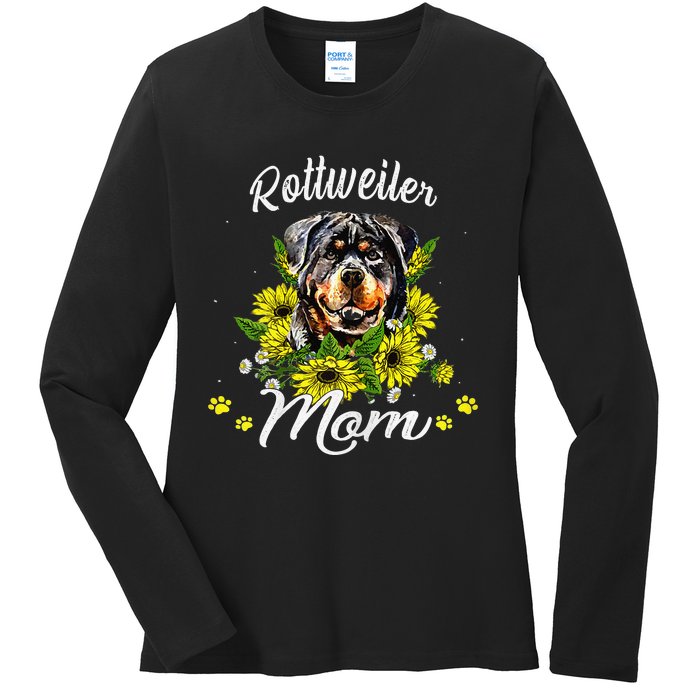 Womens Rottie Dog Mom Mother's Day Sunflower Rottweiler Mom Ladies Long Sleeve Shirt