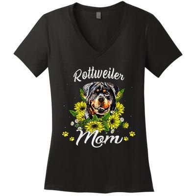 Womens Rottie Dog Mom Mother's Day Sunflower Rottweiler Mom Women's V-Neck T-Shirt