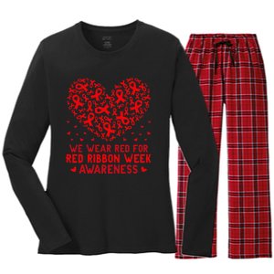 Wear Red For Red Ribbon Week Awareness Drug Free Cute Hearts Women's Long Sleeve Flannel Pajama Set 