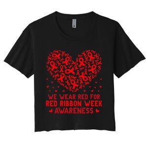 Wear Red For Red Ribbon Week Awareness Drug Free Cute Hearts Women's Crop Top Tee