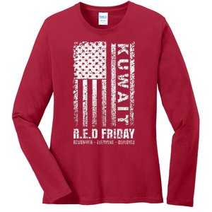 Wear Red for Deployed Kuwait R.E.D. Friday Flag Gift Ladies Long Sleeve Shirt