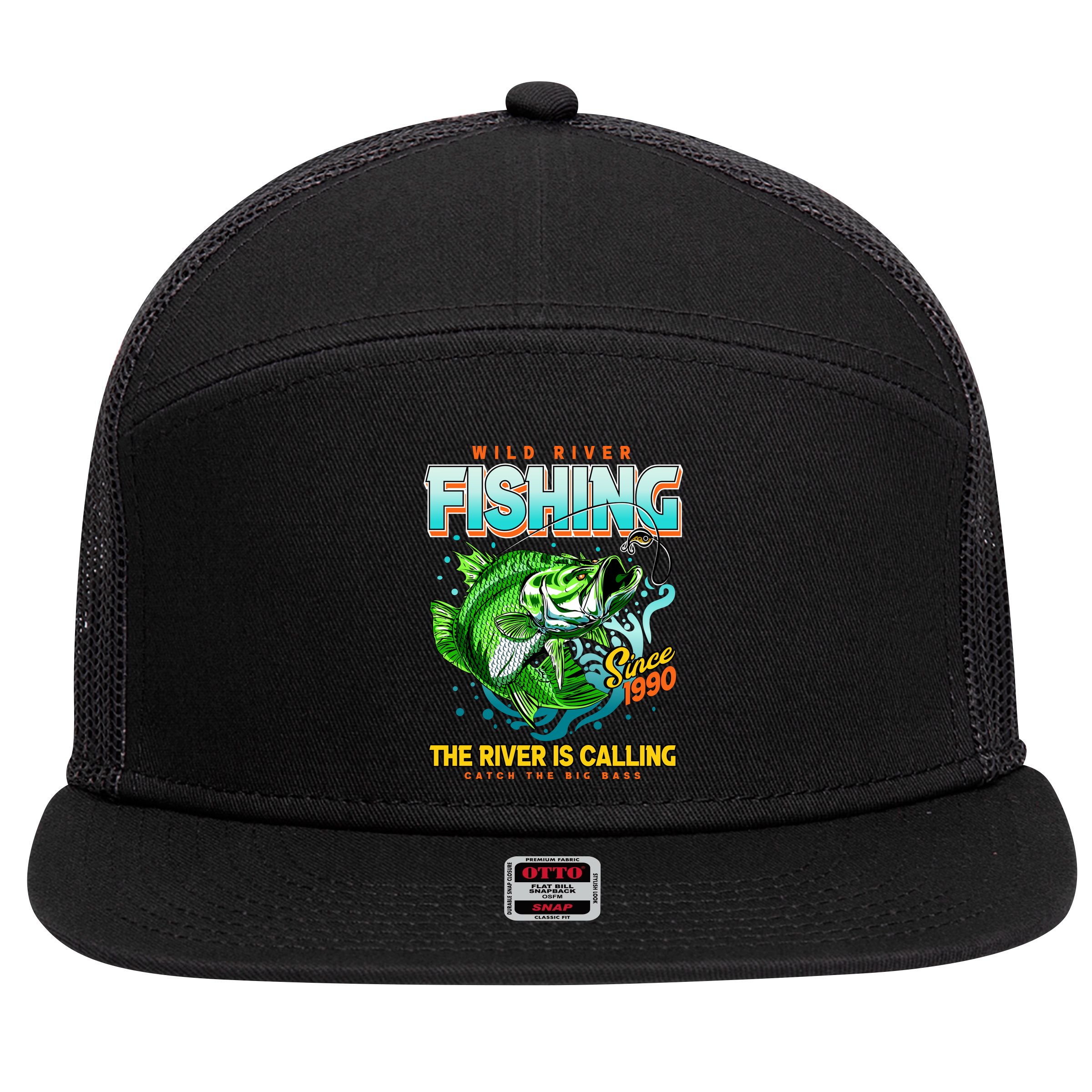 Wild River Fishing The River Is Calling Catch The Big Bass Since 1990 7 Panel Mesh Trucker Snapback Hat