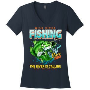 Wild River Fishing The River Is Calling Catch The Big Bass Since 1990 Women's V-Neck T-Shirt