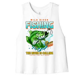 Wild River Fishing The River Is Calling Catch The Big Bass Since 1990 Women's Racerback Cropped Tank