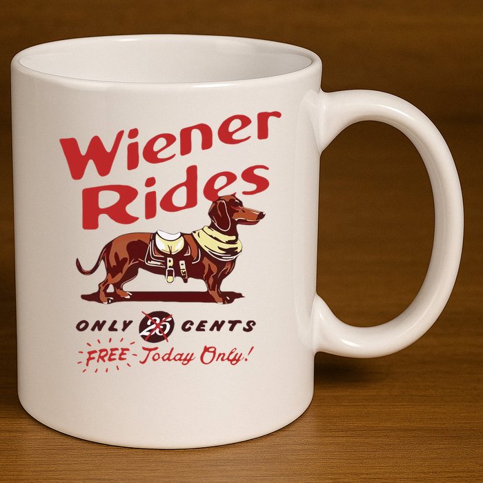 Wiener Rides Free Today Only Funny Wiener Dog 11oz C Handle Ceramic Mug