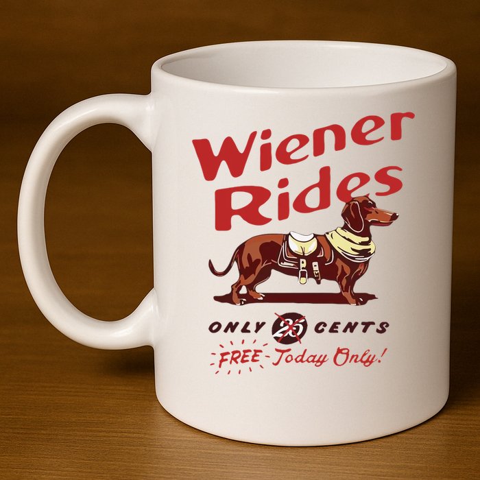Wiener Rides Free Today Only Funny Wiener Dog 11oz C Handle Ceramic Mug